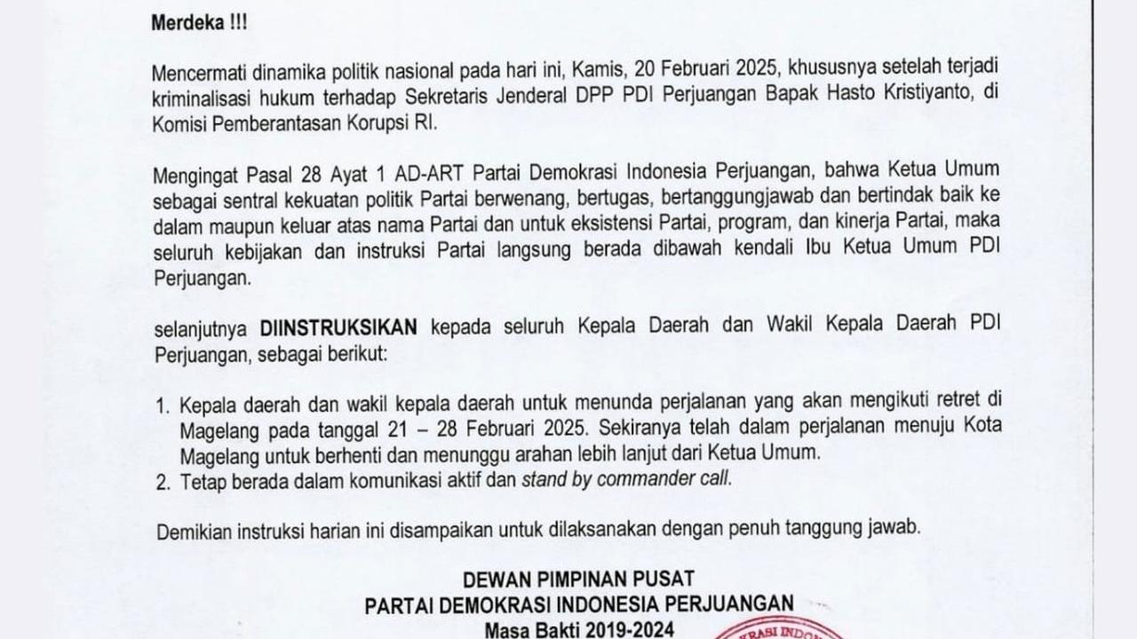 Surat Megawati Perintahkan Semua Kepala Daerah dari PDIP Tak Ikut Retret Prabowo