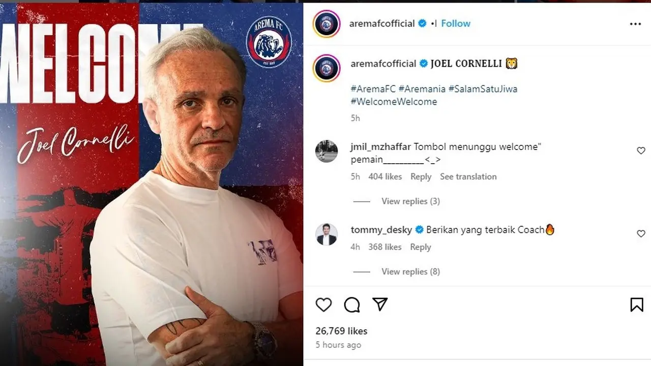 Arema FC mengenalkan Joel Cornelli sebagai pelatih kepala anyar untuk musim depan. (Istimewa)