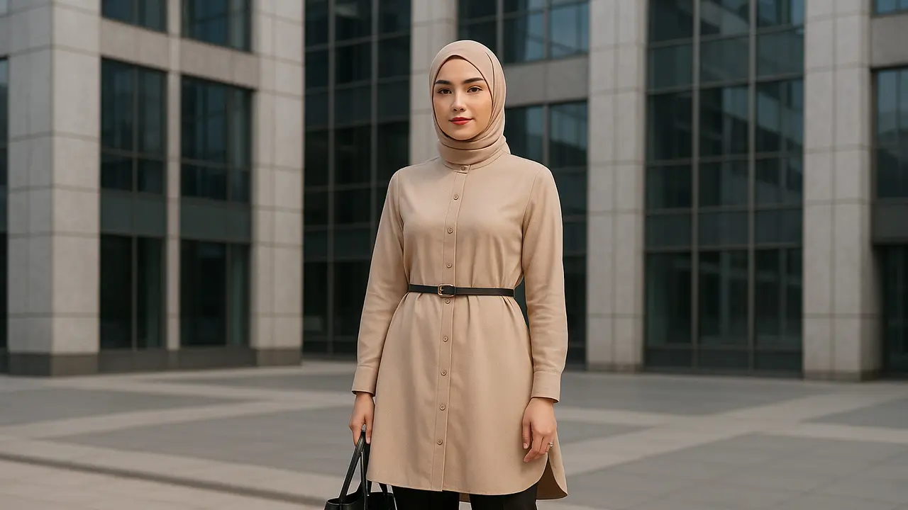 Setelan Tunik Panjang dan Celana Lurus untuk Wanita Kantoran (Foto: ChatGPT)