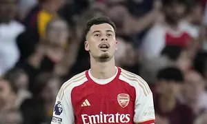 Ekspresi pemain Arsenal, Gabriel Martinelli setelah merayakan gol kemenangan timnya atas Manchester City pada laga lanjutan Liga Inggris 2023/2024 yang berlangsung di Emirates Stadium, London, Inggris, Minggu (08/10/2023) malam WIB. Kemenangan 1-0 Arsenal membawa mereka menempati posisi kedua klasemen dengan raihan 20 poin, atau hanya terpaut dua gol dari Tottenham yang berada di puncak. (AP Photo/Kirsty Wigglesworth)