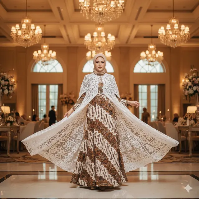 Gamis Batik dengan Cape Brokat (Gemini AI)