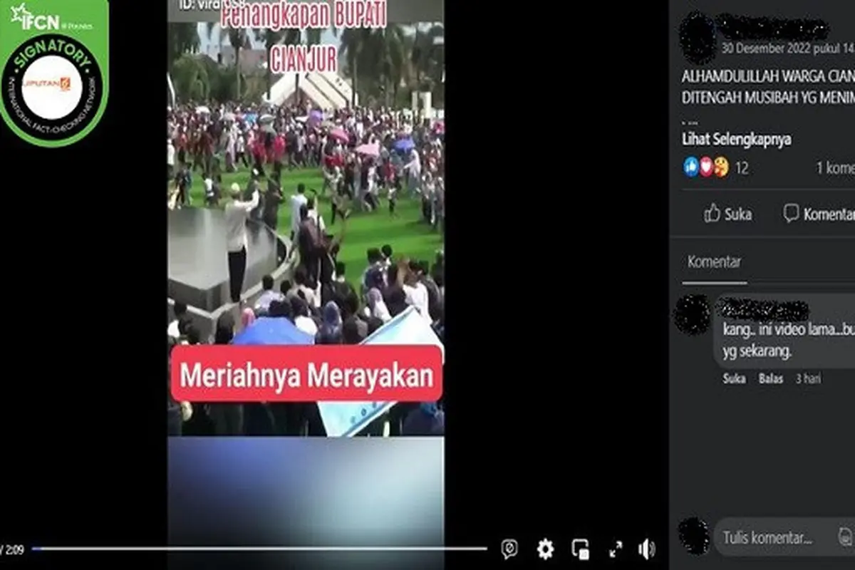 Gambar Tangkapan Layar Video yang Diklaim Warga Merayakan Penangkapan Bupati Cianjur, Herman Suherman terkait Kasus Korupsi Dana Bantuan Korban Gempa (sumber: Facebook).