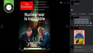 Gambar Presiden Rusia Vladimir Putin dan Presiden Amerika Joe Biden sedang bermain catur yang diklaim menjadi sampul majalah The Economist.&nbsp;(sumber: Facebook)