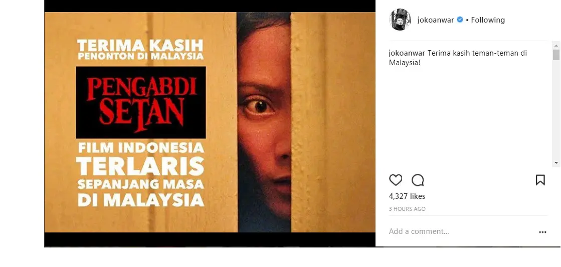 Pengabdi Setan jadi film Indonesia terlaris di Malaysia (Foto: Instagram)
