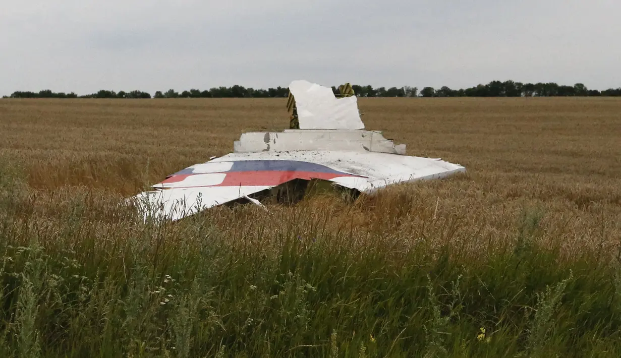 Salah satu bagian dari pesawat Malaysia Airlines MH-17 pasca ditembak jatuh di Grabovo, wilayah Donetsk, Ukraina, Kamis (17/7/14). (REUTERS/Maxim Zmeyev)