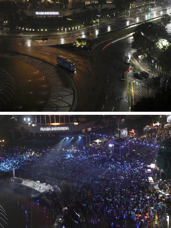 Gambar kombo ini menunjukkan Bundaran Hotel Indonesia di Jakarta, tempat populer untuk perayaan malam tahun baru, diambil pada hari Kamis, 31 Desember 2020, foto atas, dan Selasa, 31 Desember 2019, foto bawah. (AP Photo/Dita Alangkara, Tatan Syuflana)