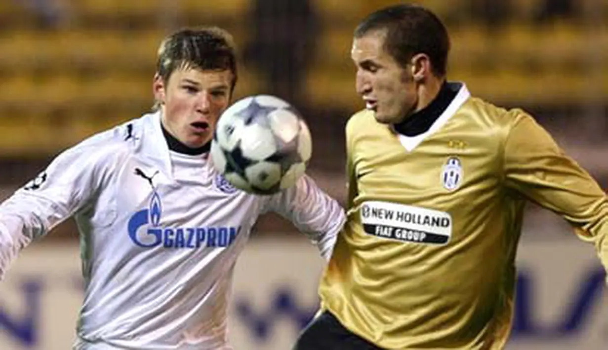 Andrei Arshavin of Russia&#039;s Zenit vies with Giorgio Chiellini of Italy&#039;s Juventus during their Champions League group H football match in St.Petersburg on November 25, 2008. AFP PHOTO / KIRILL KUDRYAVTSEV 