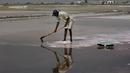 Seorang buruh mengumpulkan garam laut di daerah pesisir dekat Karachi, Pakistan, Sabtu (13/11/2021). Buruh memperoleh rata-rata 1.050 rupee Pakistan (US$ 6) per hari dari pekerjaan mereka untuk mencari nafkah bagi keluarga. (AP Photo/Fareed Khan)