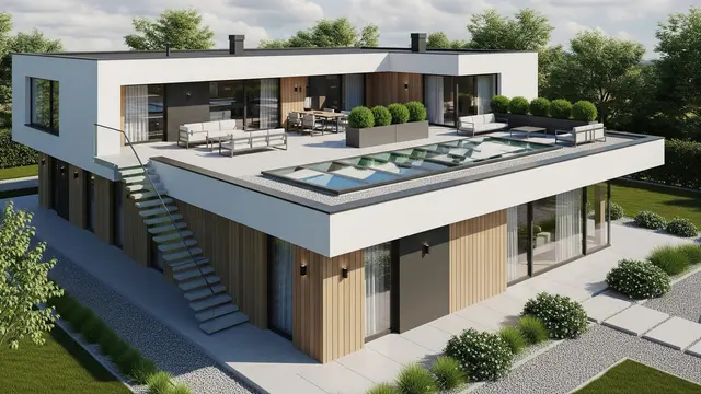 Model Rumah Minimalis Modern dengan Atap Datar dan Rooftop (Image by Gemini AI)