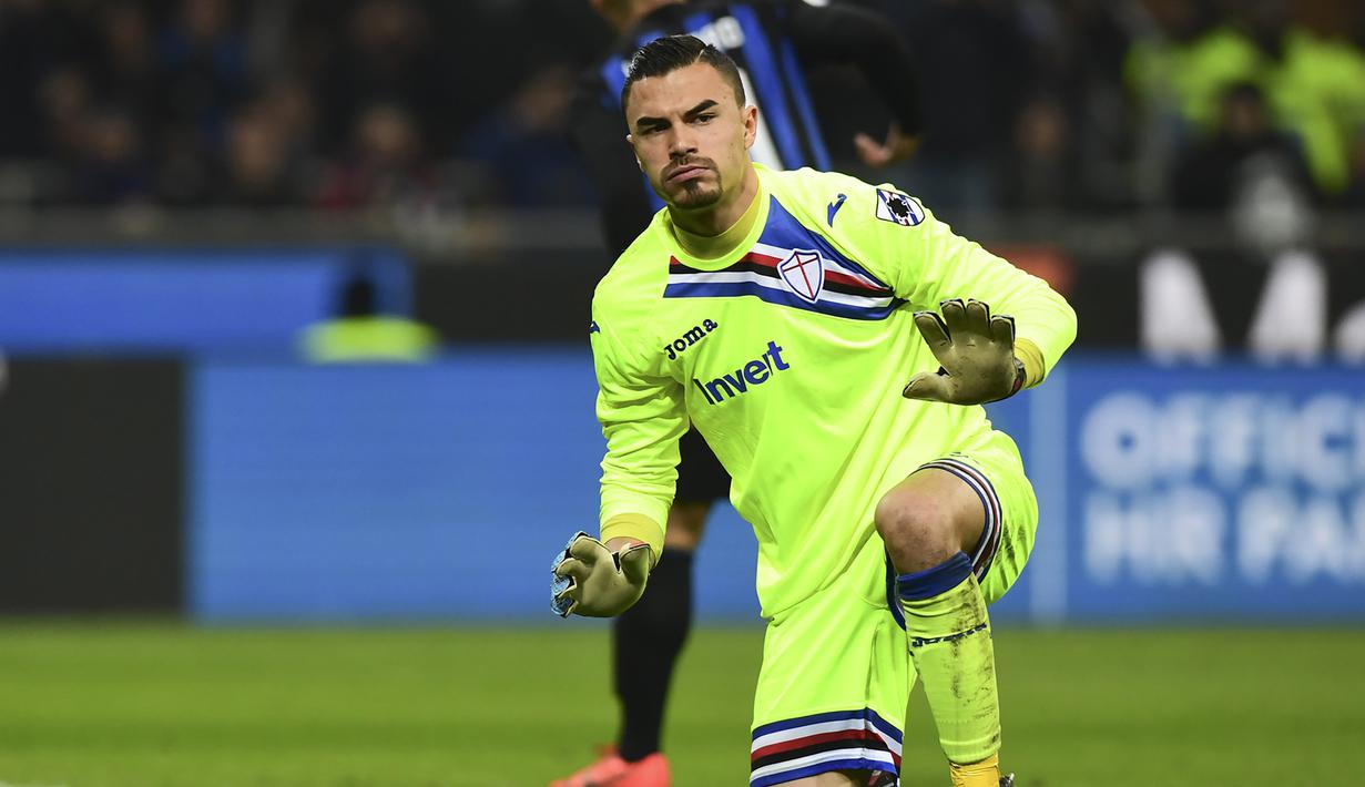 Musim 2021/2022 ini Emil Audero Mulyadi menjadi kiper utama Sampdoria dan selalu tampil penuh 90 menit dalam 14 laga di Serie A Liga Italia. Catatannya adalah 3 kali membuat clean sheet dan kebobolan 26 gol. (AFP/Miguel Medina)
