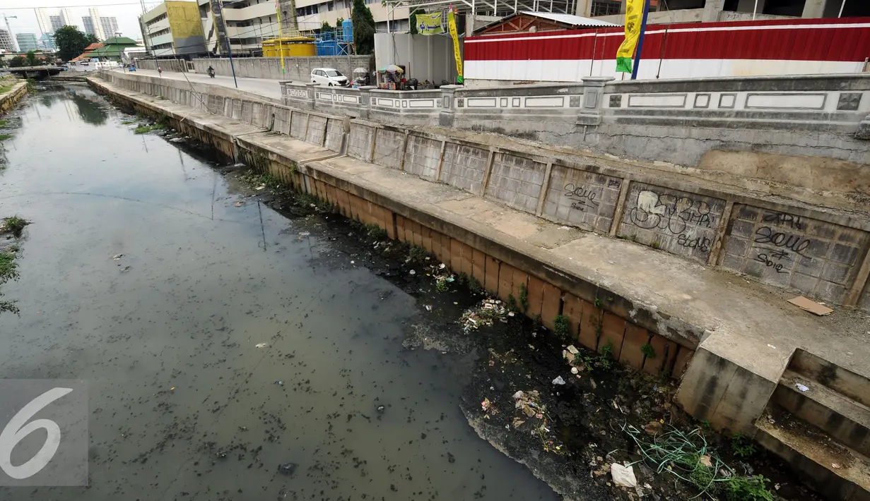 Kondisi aliran sungai yang melintasi kawasan Raden Saleh, Jakarta, Selasa (16/2/2016). Kondisi air terlihat kotor dan berbau serta terlihat banyak tumpukan sampah. (Liputan6.com/Helmi Fithriansyah)