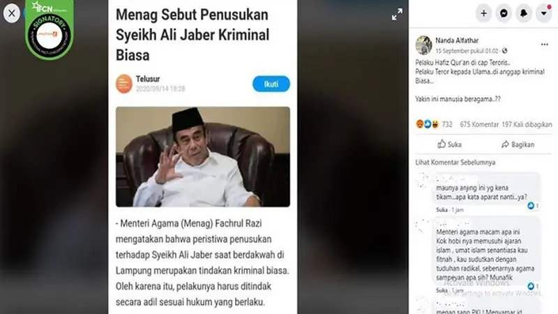 Gambar Tangkapan Layar Artikel tentang Menag Fachrul Razi (sumber: Facebook)