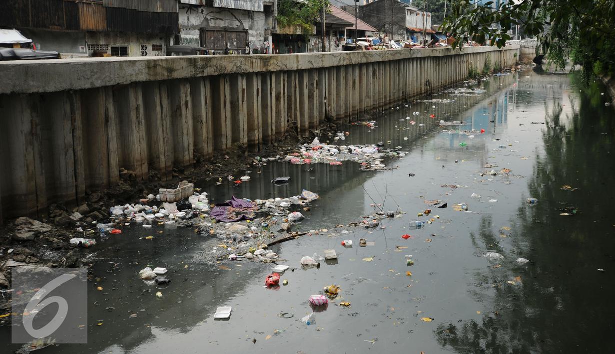 Ceceran sampah memenuhi pinggir kali di sisi Jalan Petojo Utara VI, Jakarta, Senin (26/12). Kali tersebut terlihat kotor akibat ceceran sampah limbah plastik, botol minuman ringan dan sterefoam. (Liputan6.com/Helmi Fithriansyah)