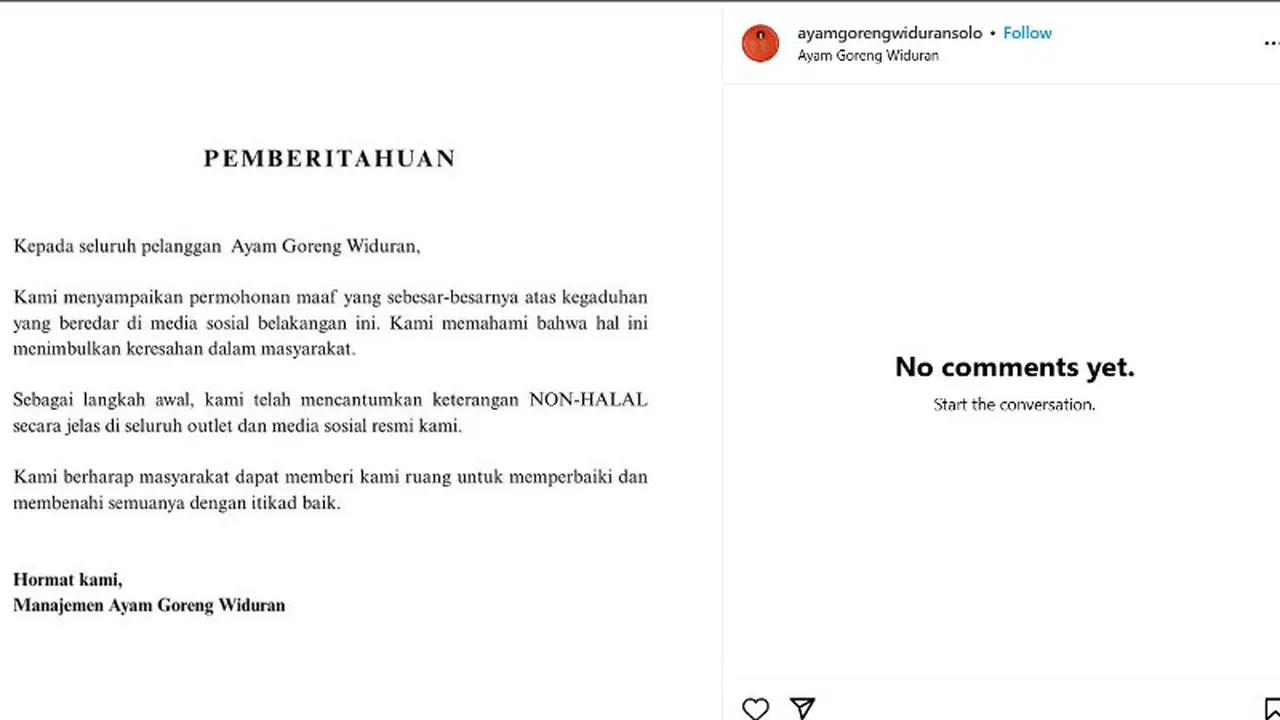 Viral Usai Mengaku Non-Halal Setelah 52 Tahun, Ayam Goreng Widuran Solo Bikin Pernyataan Maaf