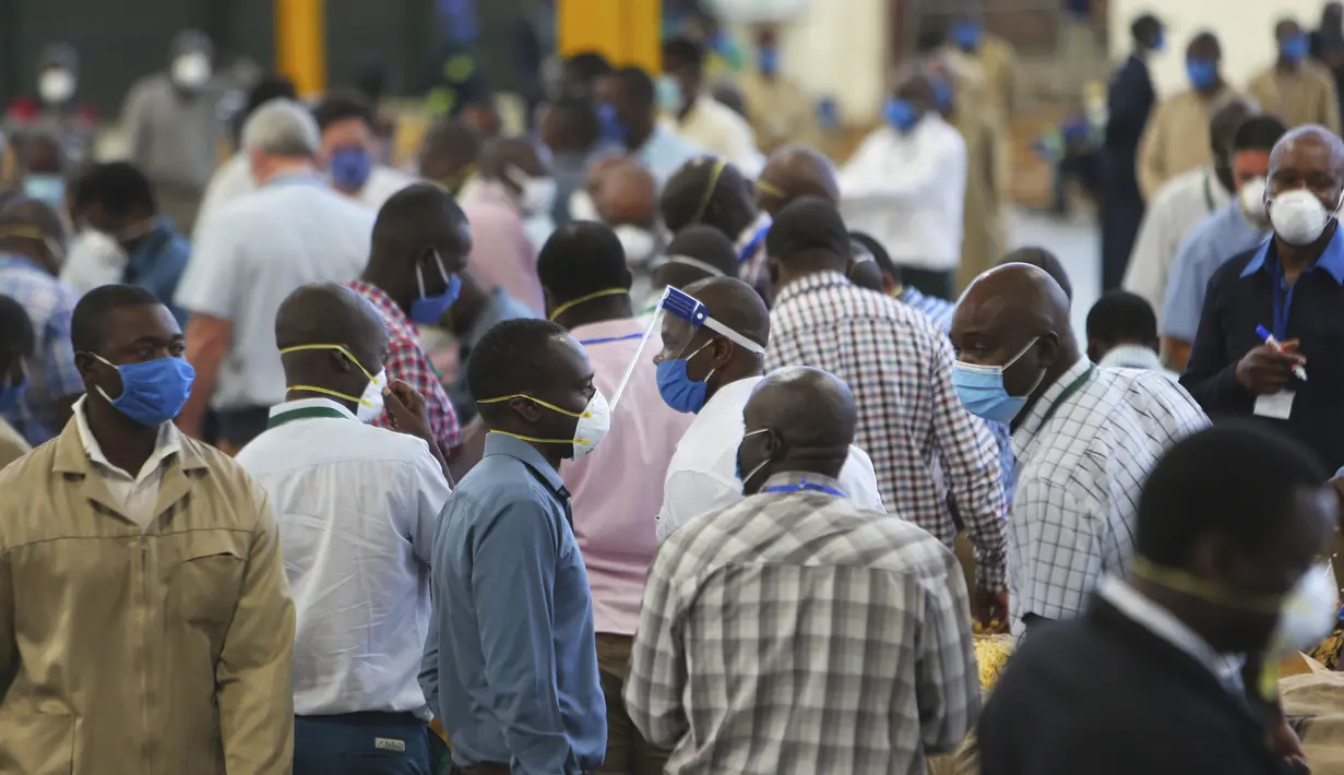 Suasana lelang pada hari pertama musim perdagangan tembakau di Harare, Zimbabwe, Rabu (29/4/2020). Musim perdagangan tembakau kali ini dimulai dari lantai lelang yang mematuhi aturan ketat akibat COVID-19. (AP Photo/Tsvangirayi Mukwazhi)