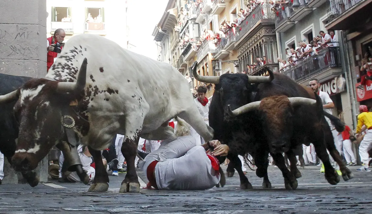 Festival San Fermin atau festival bull-run kembali dibuka di Pamplona, Spanyol, Selasa (7/7/2015). Ribuan pengunjung sangat antusias saat komplotan banteng berlari menyeruduk mereka. (Reuters/Susana Vera)