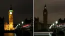 Foto kombinasi dari Gedung Parlemen Inggris sebelum dan saat memperingati Earth Hour di London, Inggris (19/3/2016). (Reuters/ Neil Balai)