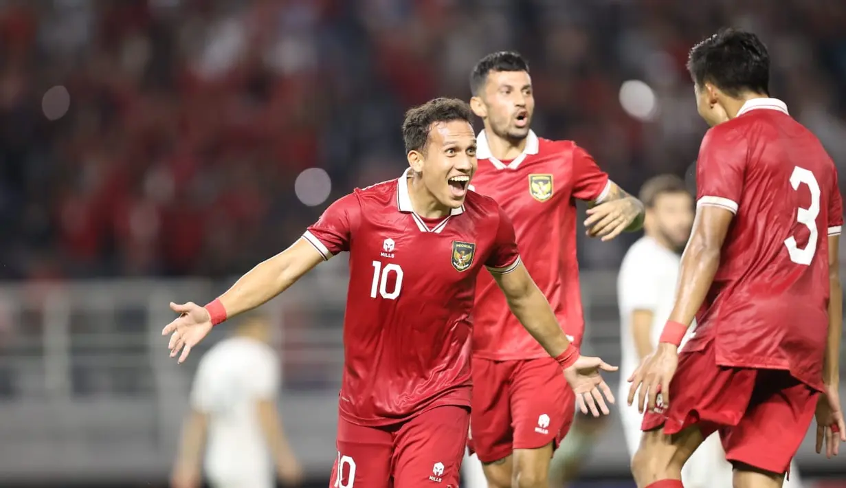 Pemain Timnas Indonesia Egy Maulana Vikri merayakan gol yang dicetaknya ke gawang Turkmenistan pada FIFA Matchday di Gelora Bung Tomo, Jumat (8/9/2023). (FOTO: Dok PSSI)