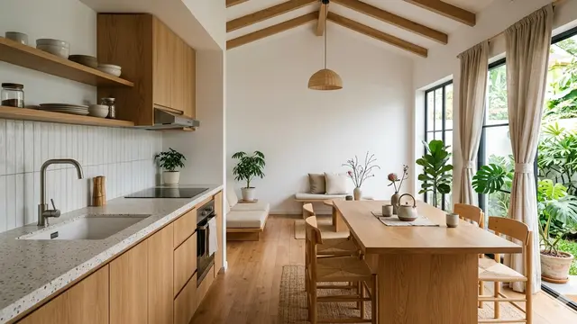 Rumah Mungil Type 45 dengan Dapur Terbuka Menyatu Ruang Makan (Foto: Gemini AI)