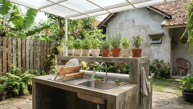 Desain Tempat Cuci Piring Belakang Rumah dengan Meja Cor Dua Tingkat