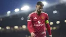 Pemain Manchester United, Bruno Fernandes dalam laga lanjutan Liga Europa 2024/2025 melawan Lyon di Old Trafford, Manchester, Inggris, Jumat (18/04/2025) dini hari WIB. (AP Photo/Jon Super)