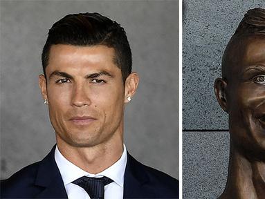 Kolase foto Cristiano Ronaldo dan patung dirinya karya Emanuel Santos saat pergantian nama Bandara Internasional Madeira menjadi Bandara Cristiano Ronaldo. (sumber : Borepanda.com)