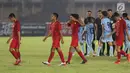 Pemain Timnas Indonesia U-16 usai mengalahkan Kepulauan Mariana Utara U-16 pada laga kualifikasi Piala AFC U-16 2020 Grup G di Stadion Madya Gelora Bung Karno, Jakarta, Rabu (18/9/2019). Indonesia U-16 unggul 15-1. (Liputan6.com/Helmi Fithriansyah)