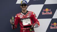 Pembalap Ducati, Pecco Bagnaia saat meraih pole position MotoGP Amerika Serikat 2023. Dia turut meraih kemenangan di Sprint Race. (Mirco Lazzari gp / GETTY IMAGES NORTH AMERICA / Getty Images via AFP)
