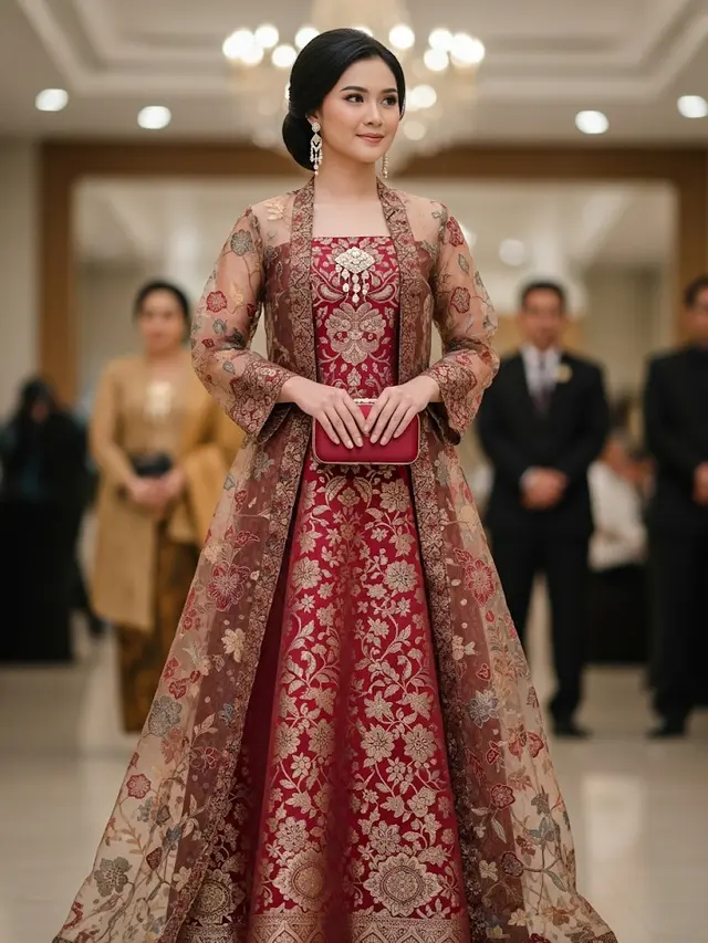Model Long Dress Batik Brokat dengan Outer Transparan (Image by Gemini AI)