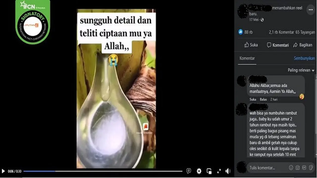 Gambar Tangkapan Layar Klaim Minum Getah Pohon Pisang Bisa Sembuhkan Maag hingga Diabetes (sumber: Facebook).