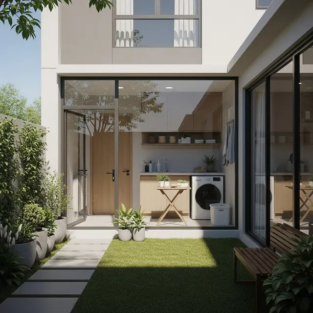 Contoh Rumah Kecil Type 30 dengan Taman Belakang dan Sudut Laundry yang Rapi