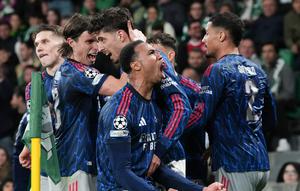 Arsenal berhasil memetik modal penting pada leg pertama perempat final Liga Champions 2025/2026. Bertamu ke markas Sporting CP di Jose Alvalade, Rabu (8/4/2026) dini hari WIB, The Gunners menang tipis 1-0 berkat gol semata wayang Kai Havertz. (AP Photo/Armando Franca)