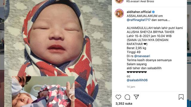 Unggahan Aldi Taher soal kelahiran putrinya. (Foto: Instagram @alditaher.official)