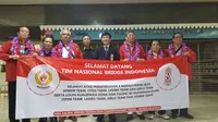 Ketua Umum PB GABSI Ekawahyu Kasih (empat dari kiri) berfoto bersama Senior team saat penyambutan di Bandara Soekarno-Hatta, Tangerang, Banten, Kamis (8/6) malam WIB (istimewa)