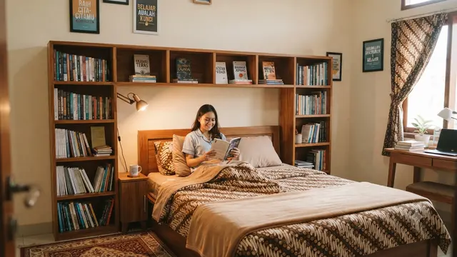 Rak Buku Mengelilingi Kepala Tempat Tidur untuk Kepribadian yang Gemar Belajar Sebelum Tidur