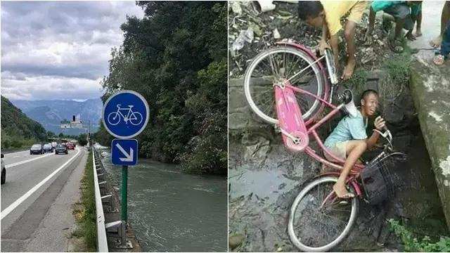 7 Potret Kocak Bila Jalur Sepeda Lewat Sungai Ini Bikin Ngakak