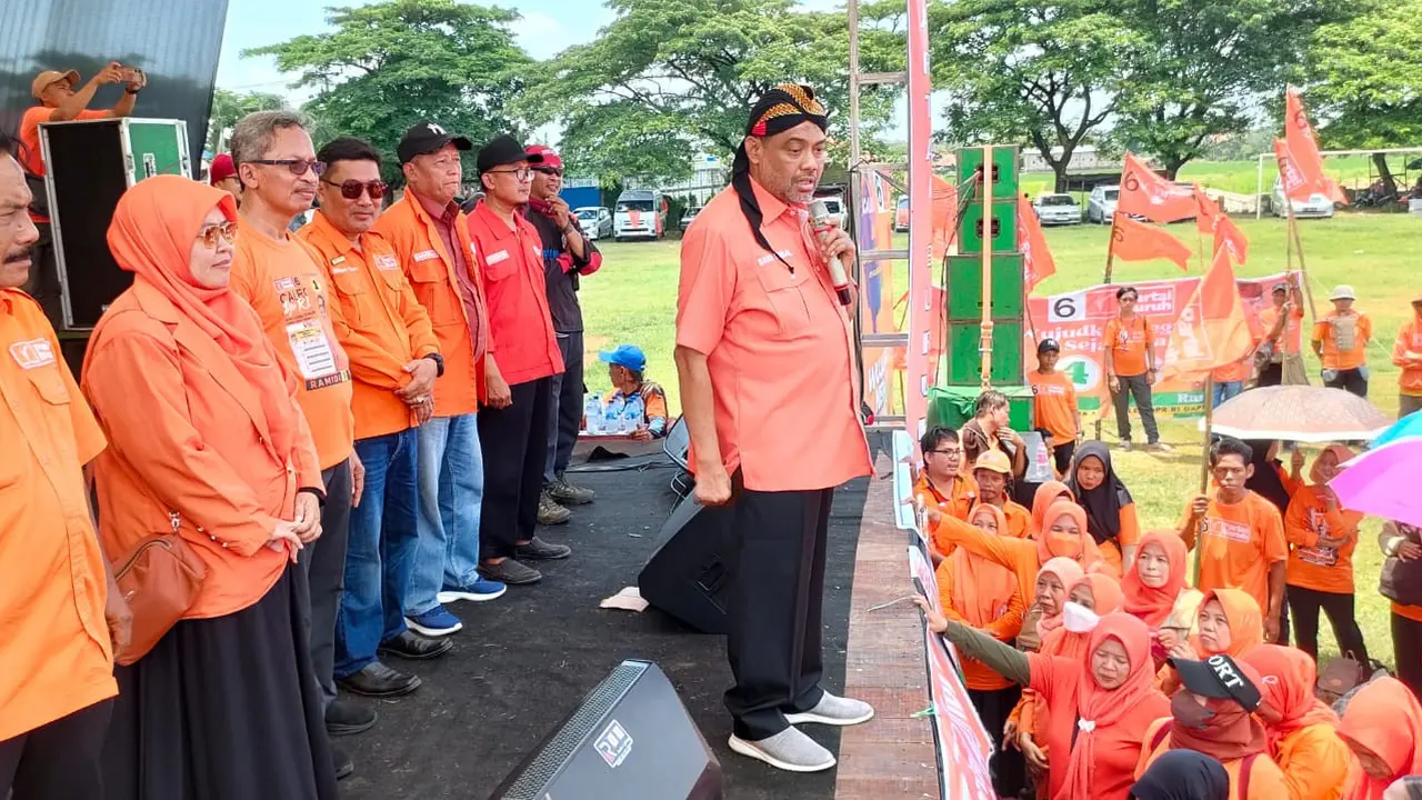 Presiden Partai Buruh, Said Iqbal saat menghadiri kampanye di Jepara, Jawa Tengah.