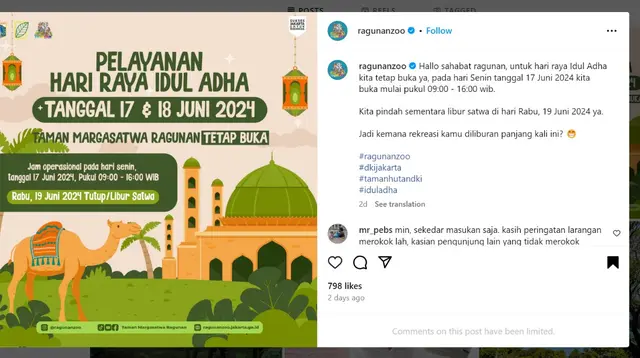 Salah satu destinasi saat libur Hari Raya Idul Adha 1445 Hijriah yang bisa dipilih adalah Taman Margasatwa Ragunan yang ada di Pasar Minggu, Jakarta Selatan (Jaksel). (Instagram @ragunanzoo)