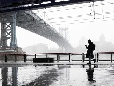 Seorang pejalan kaki melintas di dekat jembatan Manhattan saat badai salju di bawah drive Franklin Delano Roosevelt di New York (21/3). Badai salju yang melanda sebagian Amerika Serikat telah membawa salju dan angin kencang. (AP Photo / Mary Altaffer)