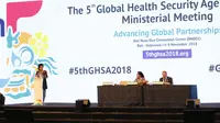 Menteri Kesehatan Republik Indonesia, Nila Farid Moeloek  mengatakan di tingkat global, tidak ada satupun negara yang bebas dari ancaman permasalahan kesehatan. (Foto: Liputan6.com/Aditya Eka Prawira)
