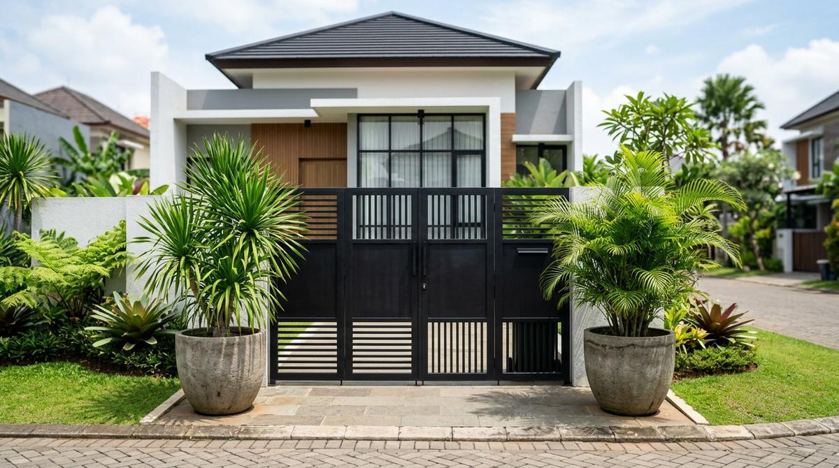 Model Pintu Gerbang Rumah dengan Tanaman Hijau (AI Generated)