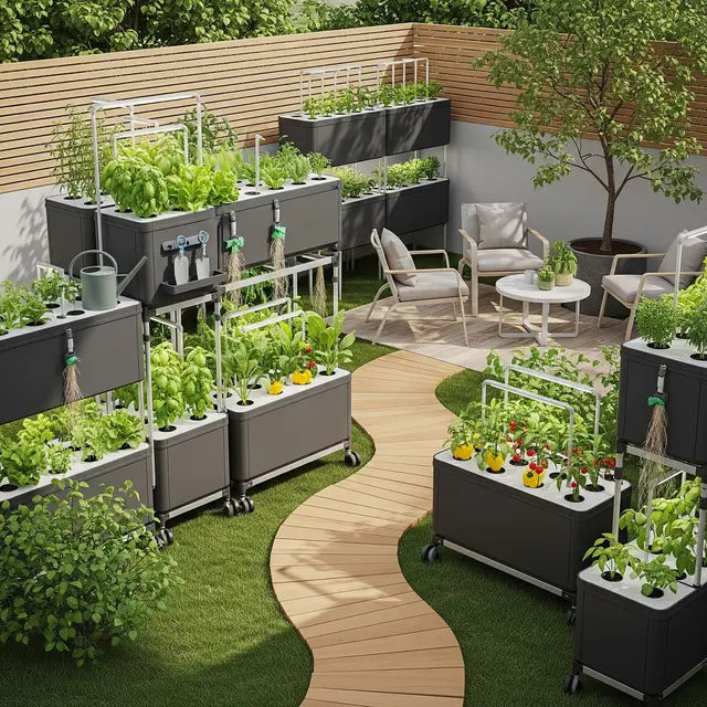 Model Halaman Belakang Rumah Kecil dengan Kebun Hidroponik Modern (Image by Gemini AI)