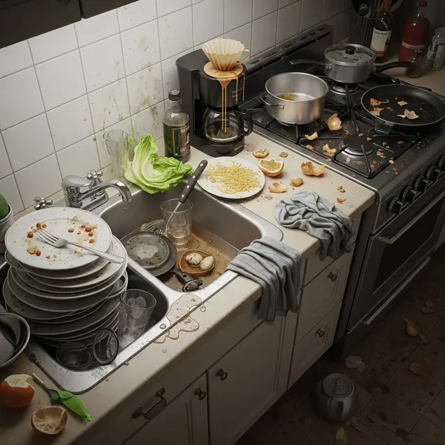 Ilustrasi dapur yang kotor (Image by Gemini AI)