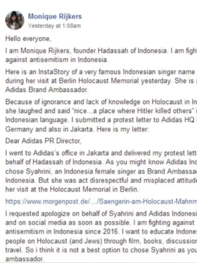 Protes Monika terhadap Adidas / Credit: HSA - Holocaust Social Archive Facebook