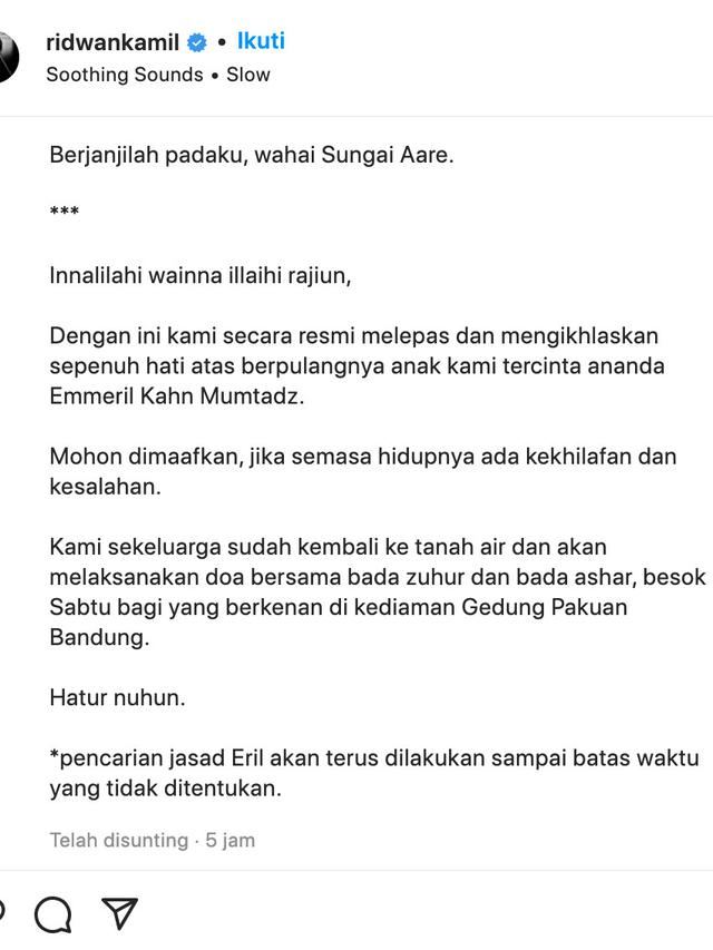 Unggahan Ridwan Kamil soal Eril. (Foto: Dok. Instagram @ridwankamil)