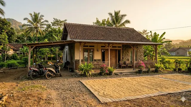 Model Rumah Kampung dengan Halaman Depan untuk Jemur Padi dan Parkir Motor