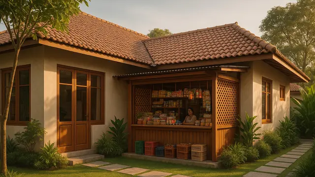 Desain  Rumah L-Shape dengan Warung di Teras Samping