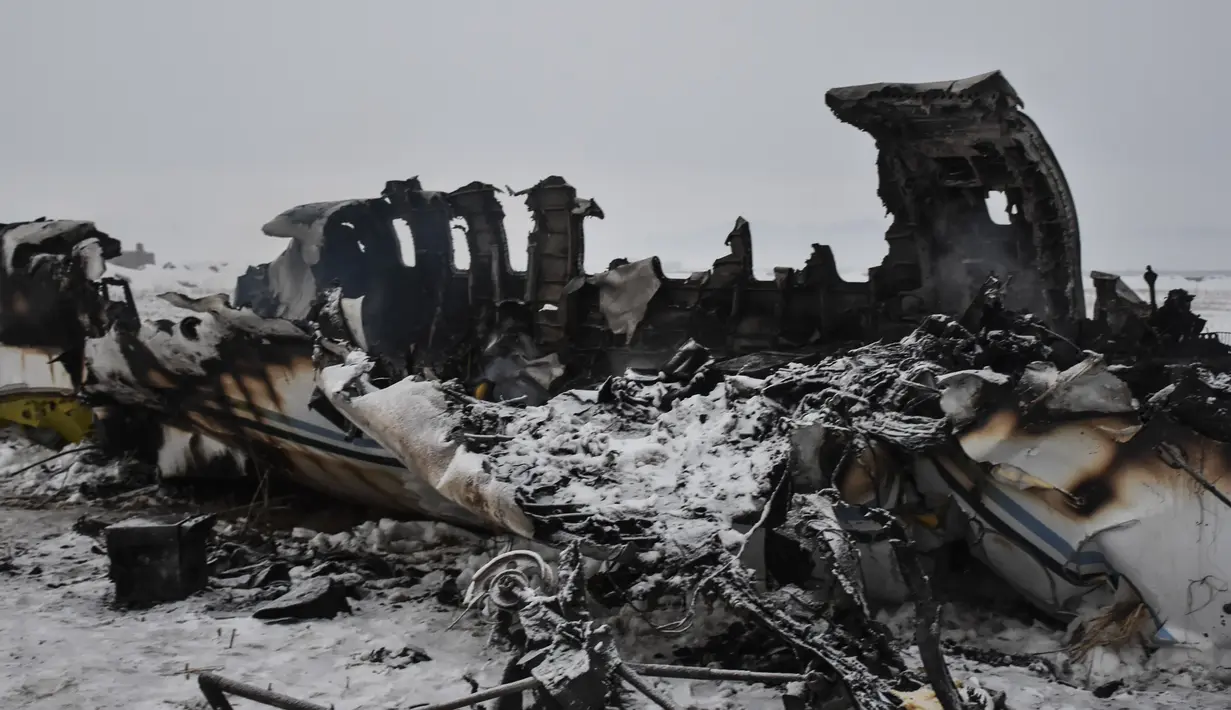 Bagian badan pesawat militer AS yang hancur setelah jatuh di provinsi Ghazni, Afghanistan (27/1/2020). Pesawat jet militer AS itu jatuh di wilayah pegunungan di Afghanistan timur yang merupakan salah satu wilayah kekuasaan kelompok Taliban. (AP Photo/Saifullah Maftoon)