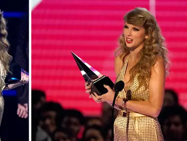 Foto kolase Taylor Swift saat menerima penghargaan untuk album pop favorit untuk "Red (Taylor's Version)" di American Music Awards di Microsoft Theater di Los Angeles pada Minggu, 20 November 2022. (AP Photo/Chris Pizzello)