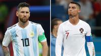 Superstar Argentina Lionel Messi dan Cristiano Ronaldo dari Portugal. Piala Dunia 2022 Qatar&nbsp;kemungkinan menjadi kesempatan terakhir untuk Mesis dan Ronaldo untuk memenangkan turnamen empat tahunan itu. (Adrian DENNIS, Roman KRUCHININ / AFP)